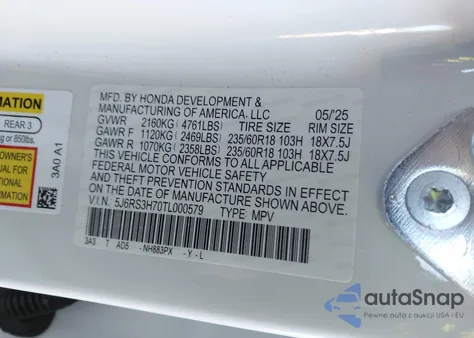 2026 Honda Cr-V Ex-L 2Wd z USA, uszkodzony, nr VIN 5J6RS3H70TL000579
